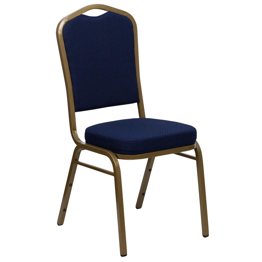 HERCULES Series Crown Back Stacking Banquet Chair in Navy Blue Patterned Fabric - Gold Frame. The main picture.