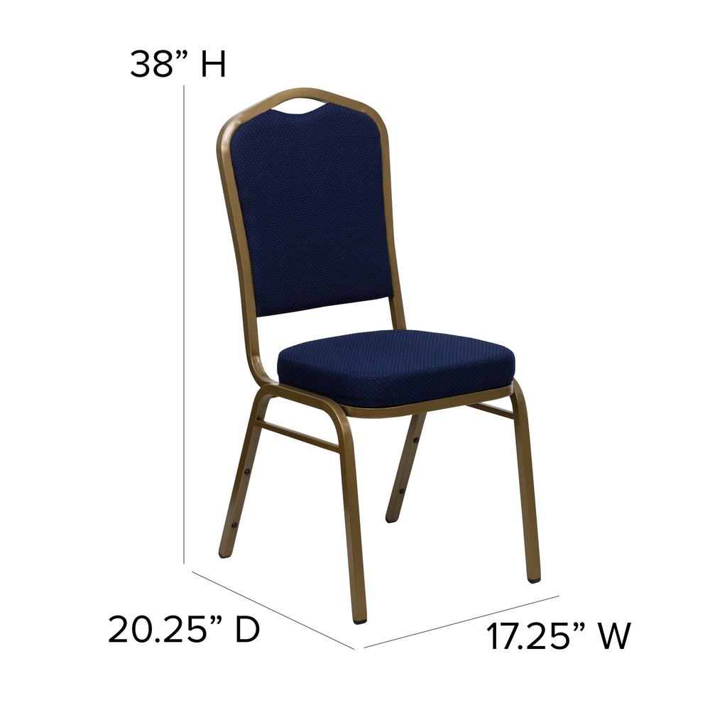 Crown Back Stacking Banquet Chair in Navy Blue Patterned Fabric - Gold Frame. Picture 2