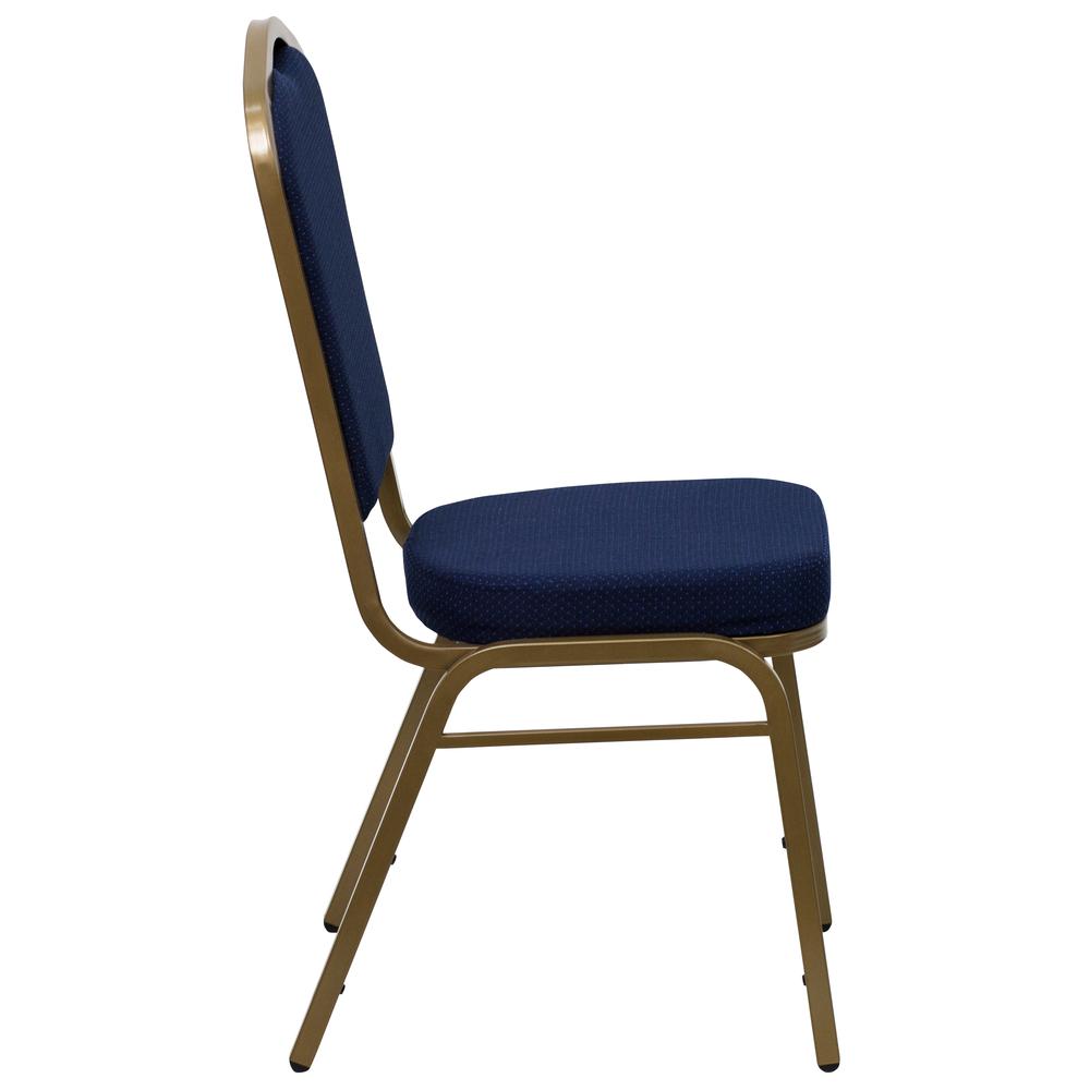 HERCULES Series Crown Back Stacking Banquet Chair in Navy Blue Patterned Fabric - Gold Frame. Picture 2