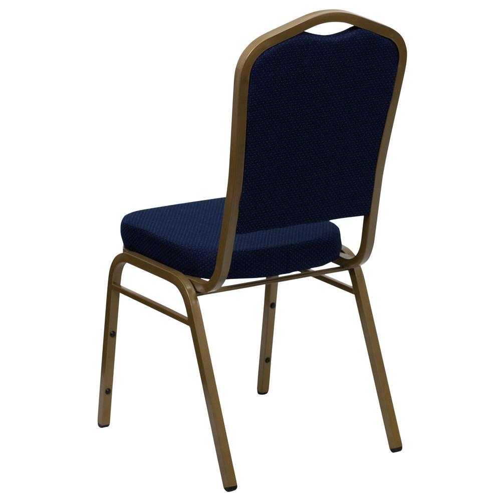 HERCULES Series Crown Back Stacking Banquet Chair in Navy Blue Patterned Fabric - Gold Frame. Picture 3