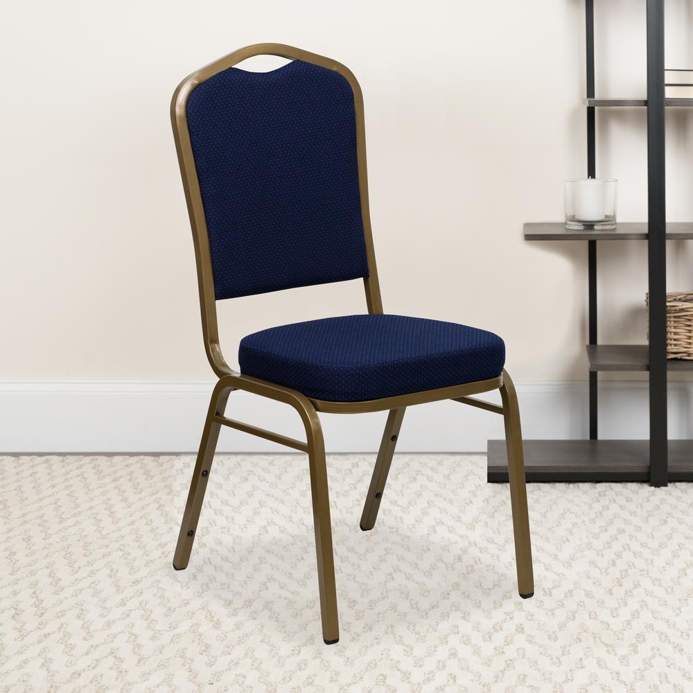 Crown Back Stacking Banquet Chair in Navy Blue Patterned Fabric - Gold Frame. Picture 6