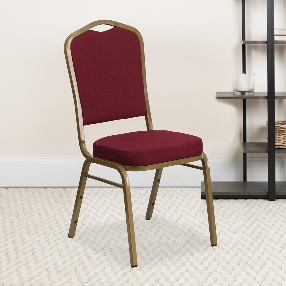 Crown Back Stacking Banquet Chair in Burgundy Fabric - Gold Frame. Picture 6