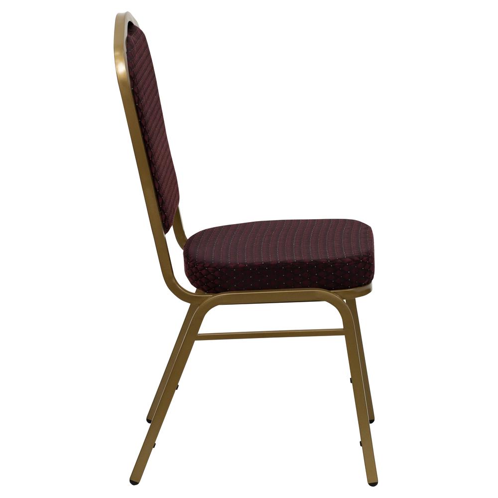 HERCULES Series Crown Back Stacking Banquet Chair in Burgundy Patterned Fabric - Gold Frame. Picture 2