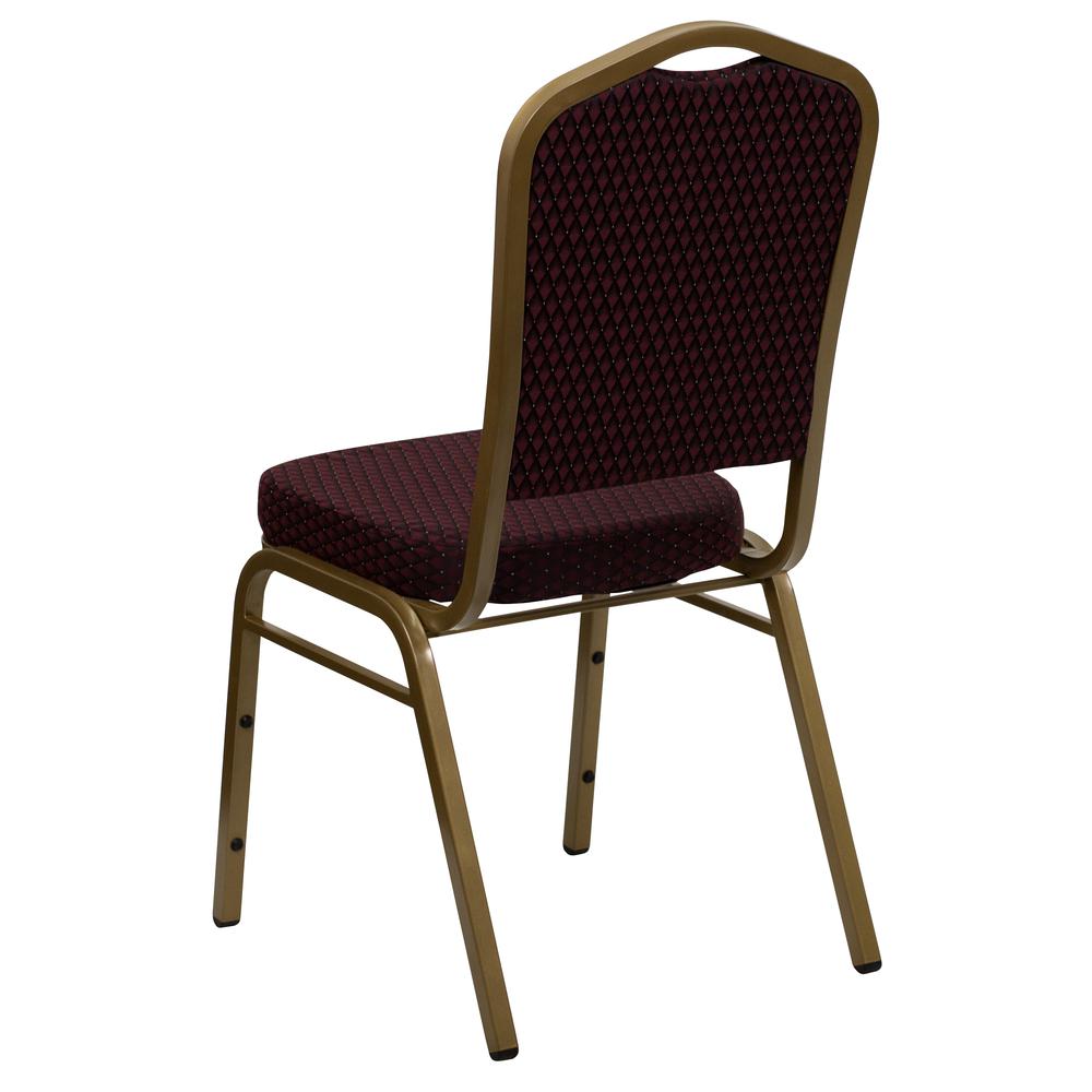 HERCULES Series Crown Back Stacking Banquet Chair in Burgundy Patterned Fabric - Gold Frame. Picture 3