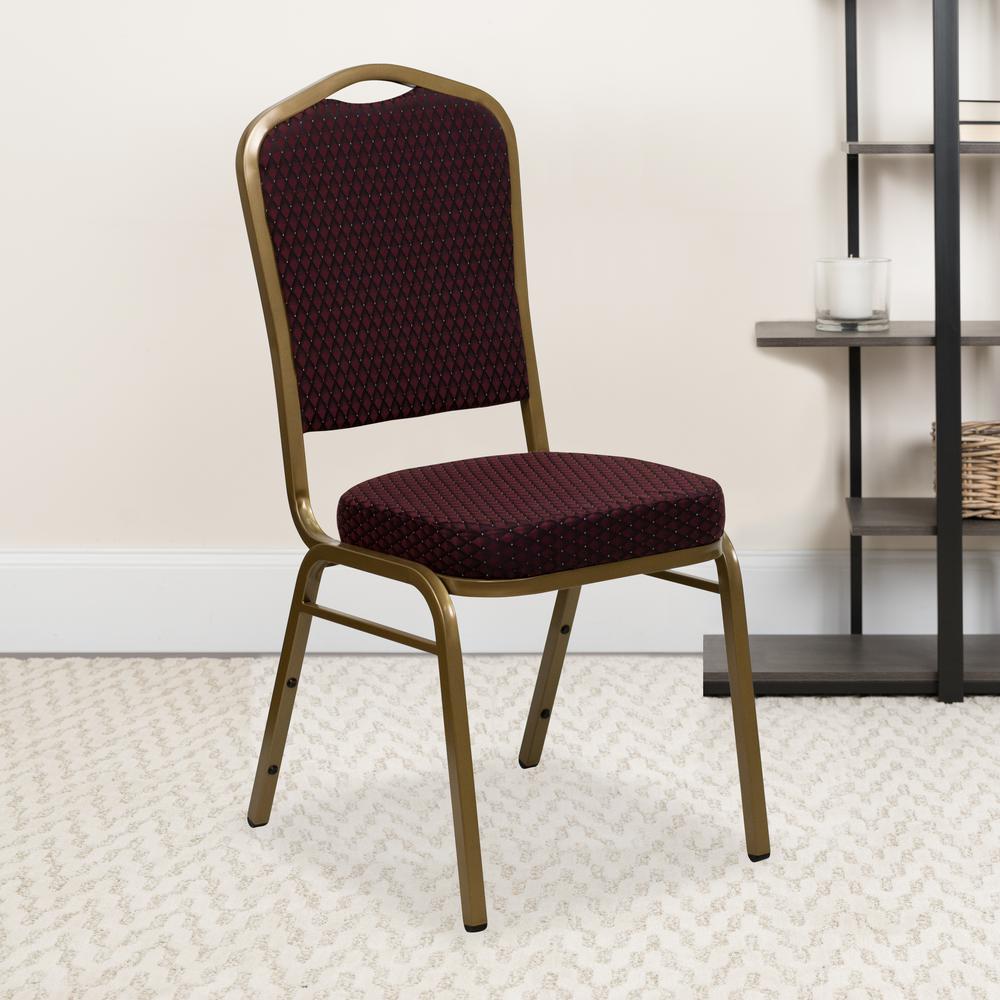 Crown Back Stacking Banquet Chair in Burgundy Patterned Fabric - Gold Frame. Picture 9