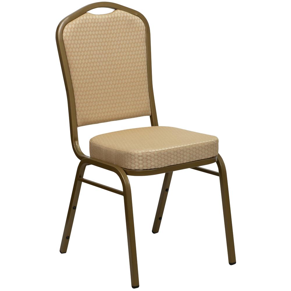 Crown Back Stacking Banquet Chair in Beige Patterned Fabric - Gold Frame. The main picture.