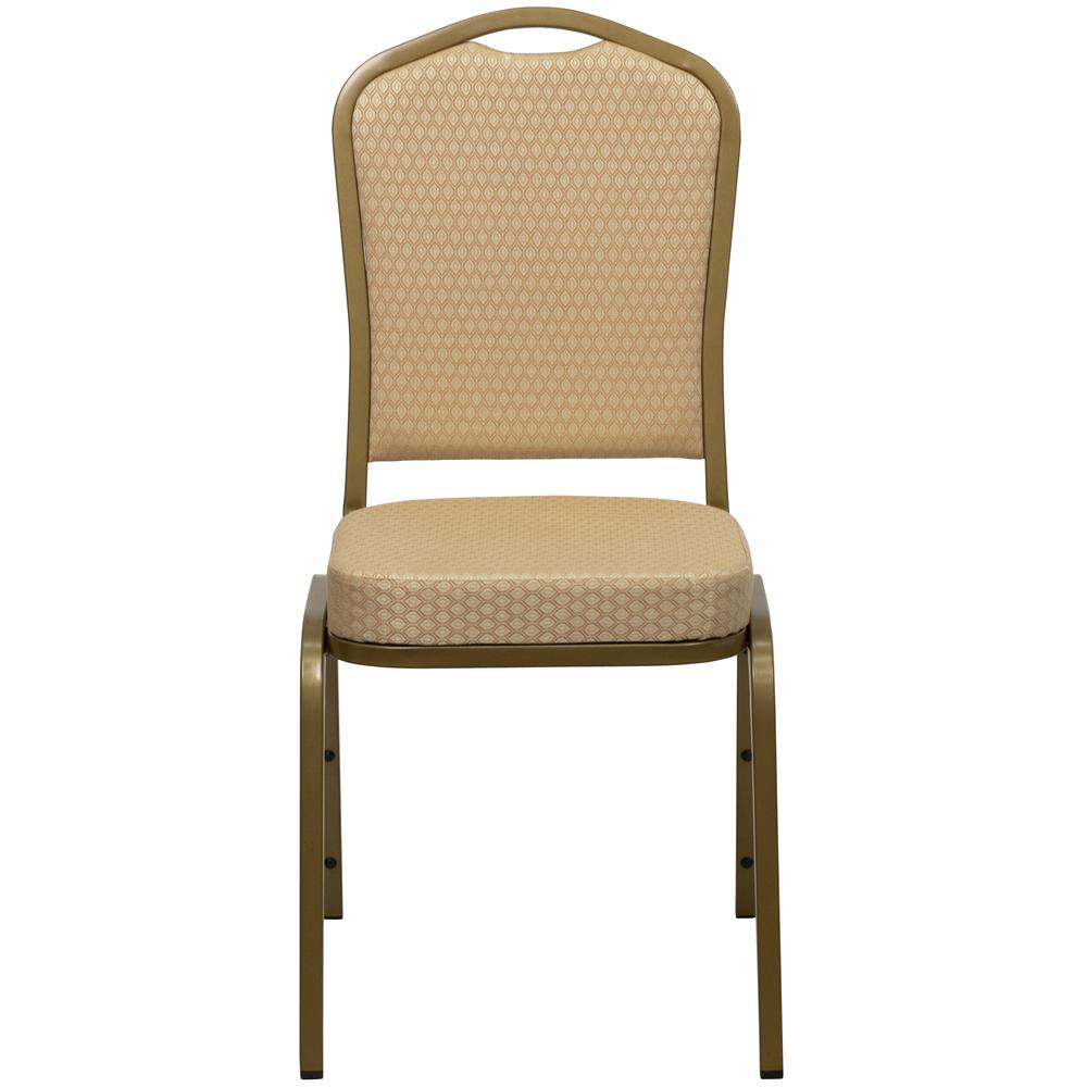 Crown Back Stacking Banquet Chair in Beige Patterned Fabric - Gold Frame. Picture 5