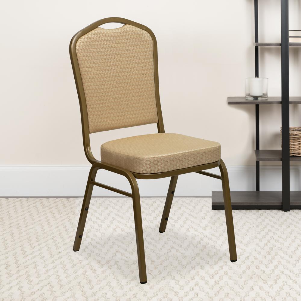 Crown Back Stacking Banquet Chair in Beige Patterned Fabric - Gold Frame. Picture 9