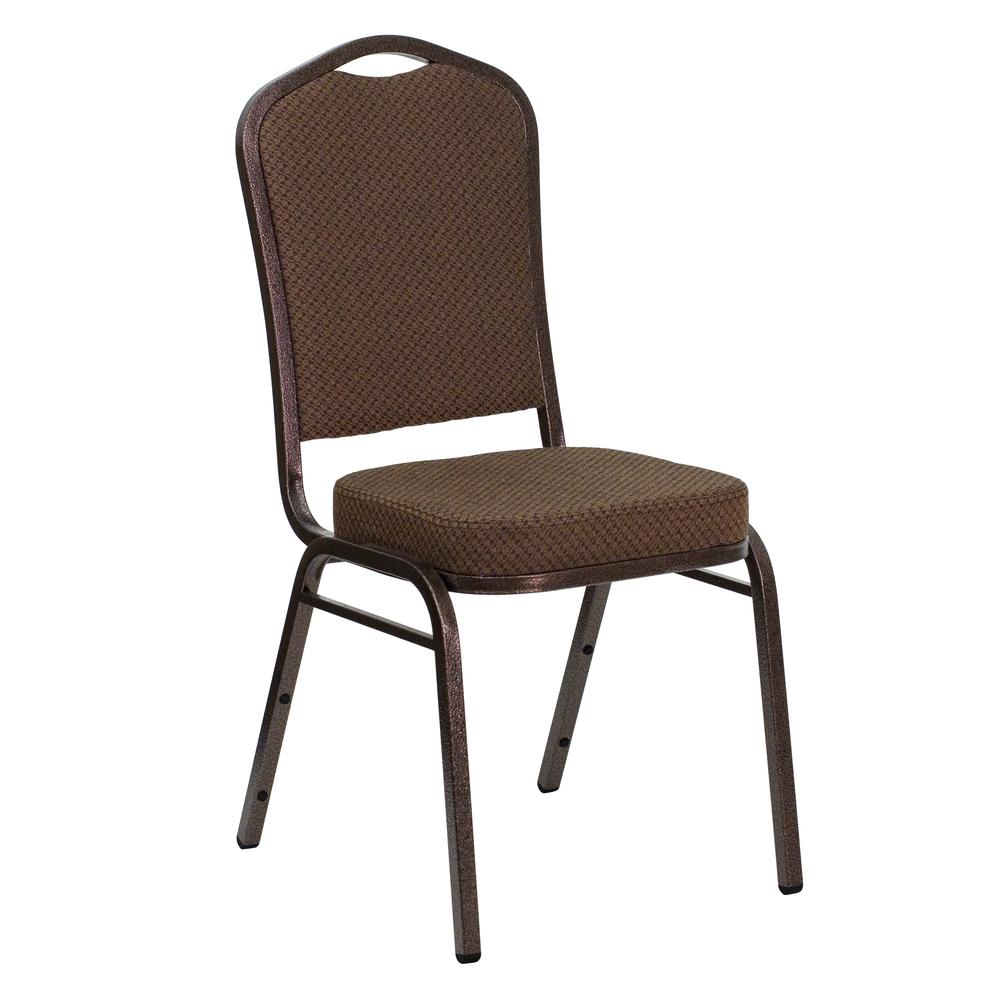 Crown Back Stacking Banquet Chair in Brown Patterned Fabric - Copper Vein Frame. The main picture.