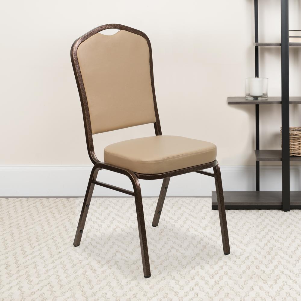 Crown Back Stacking Banquet Chair in Tan Vinyl - Copper Vein Frame. Picture 9