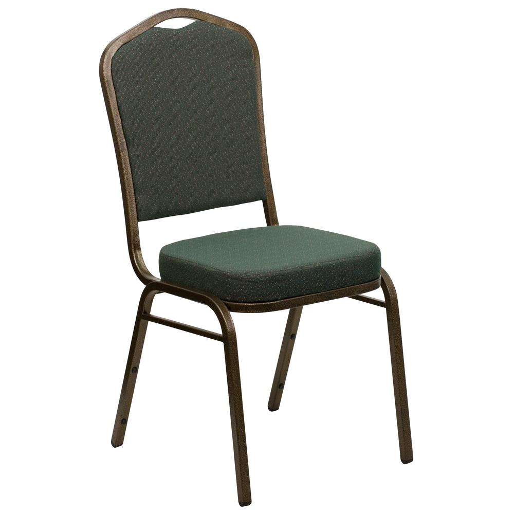 Crown Back Stacking Banquet Chair in Green Patterned Fabric - Gold Vein Frame. Picture 1