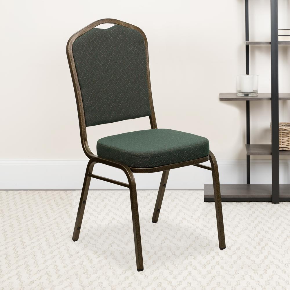Crown Back Stacking Banquet Chair in Green Patterned Fabric - Gold Vein Frame. Picture 6