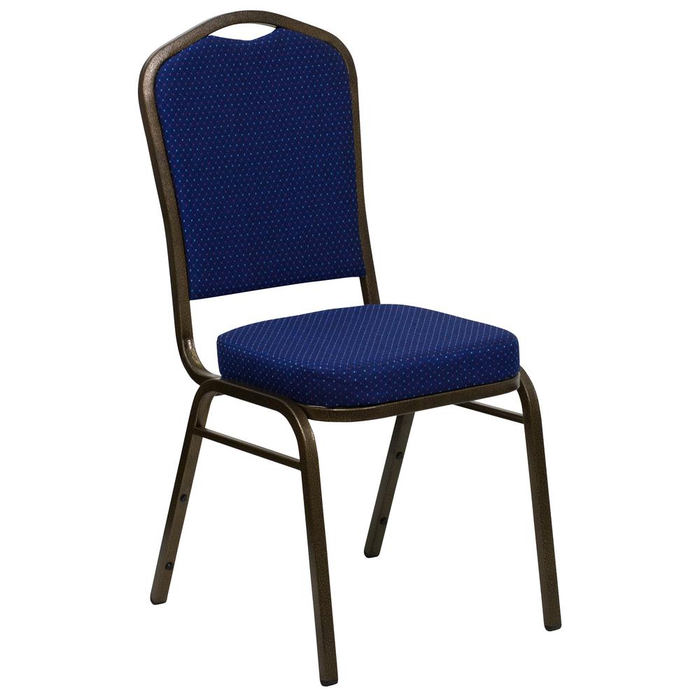Crown Back Stacking Banquet Chair in Navy Blue Patterned Fabric - Gold Vein Frame. The main picture.