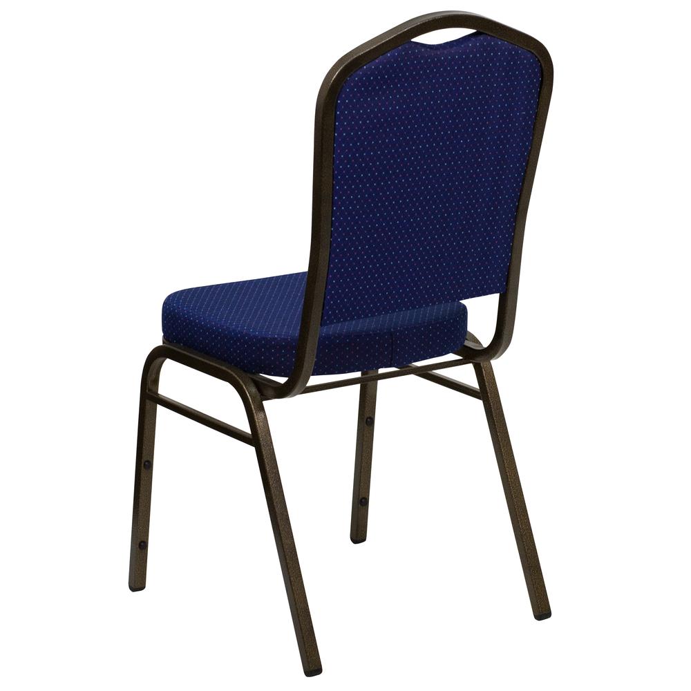 Crown Back Stacking Banquet Chair in Navy Blue Patterned Fabric - Gold Vein Frame. Picture 4