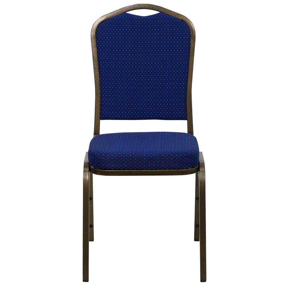 Crown Back Stacking Banquet Chair in Navy Blue Patterned Fabric - Gold Vein Frame. Picture 5
