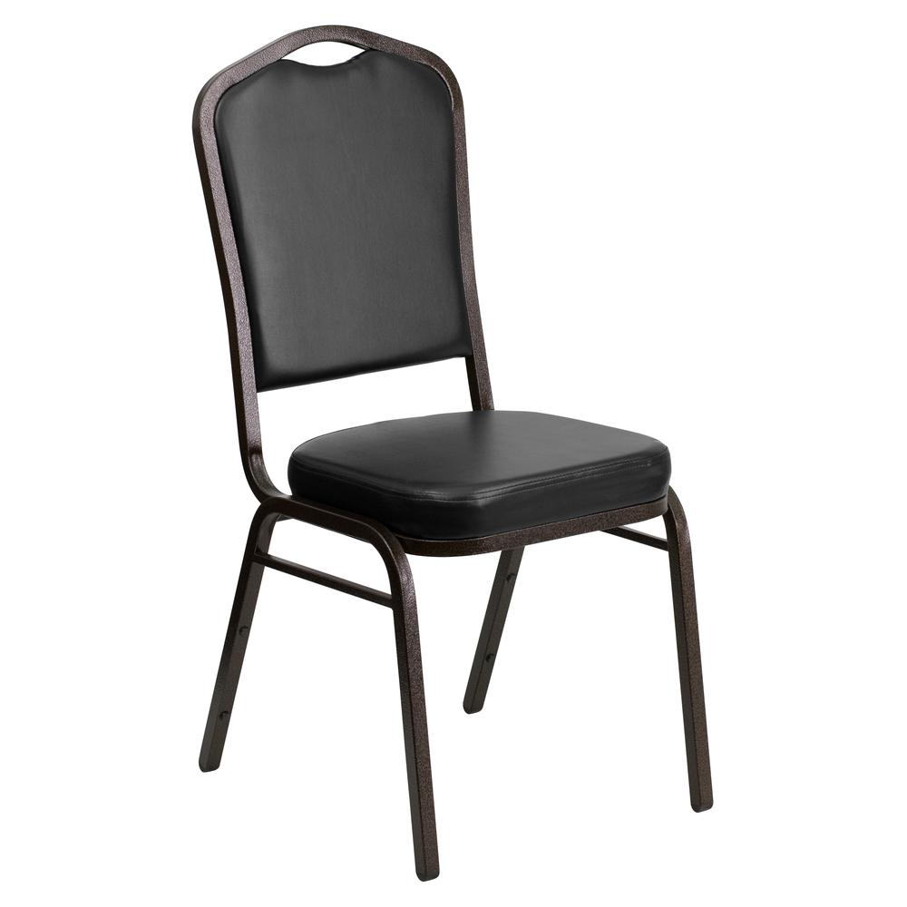 HERCULES Series Crown Back Stacking Banquet Chair in Black Vinyl - Gold Vein Frame. The main picture.