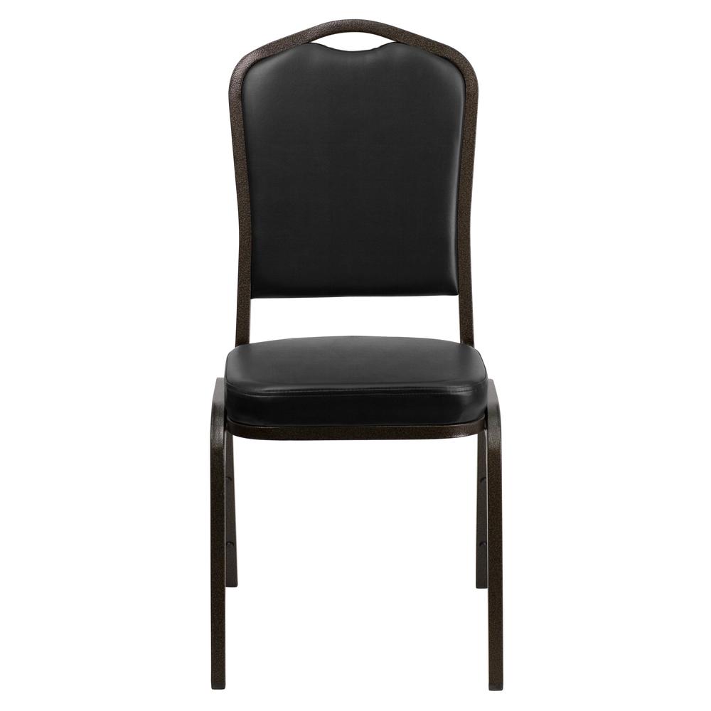 HERCULES Series Crown Back Stacking Banquet Chair in Black Vinyl - Gold Vein Frame. Picture 4