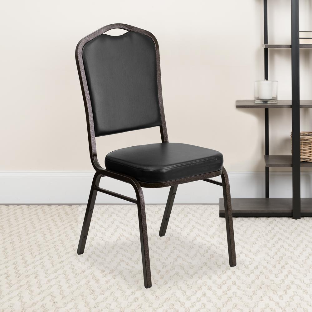 Crown Back Stacking Banquet Chair in Black Vinyl - Gold Vein Frame. Picture 9