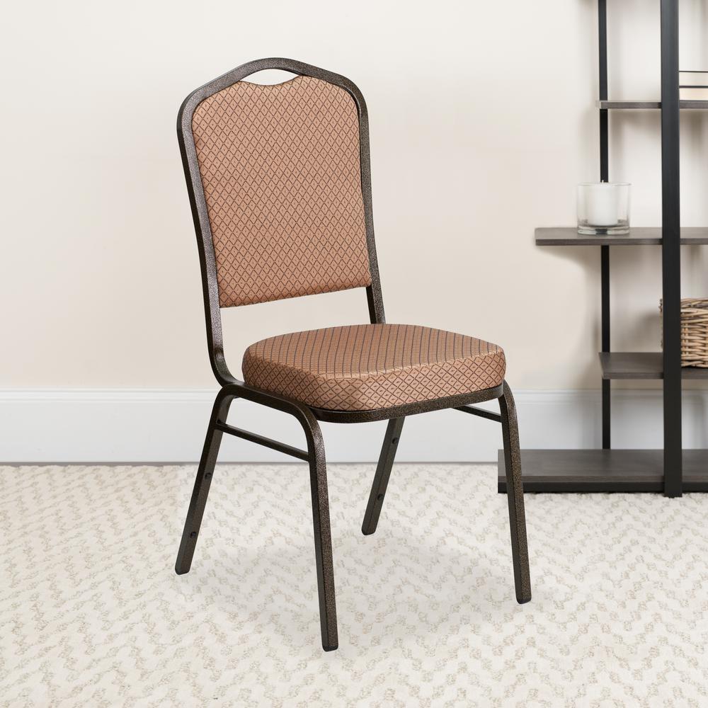 Crown Back Stacking Banquet Chair in Gold Diamond Patterned Fabric - Gold Vein Frame. Picture 6