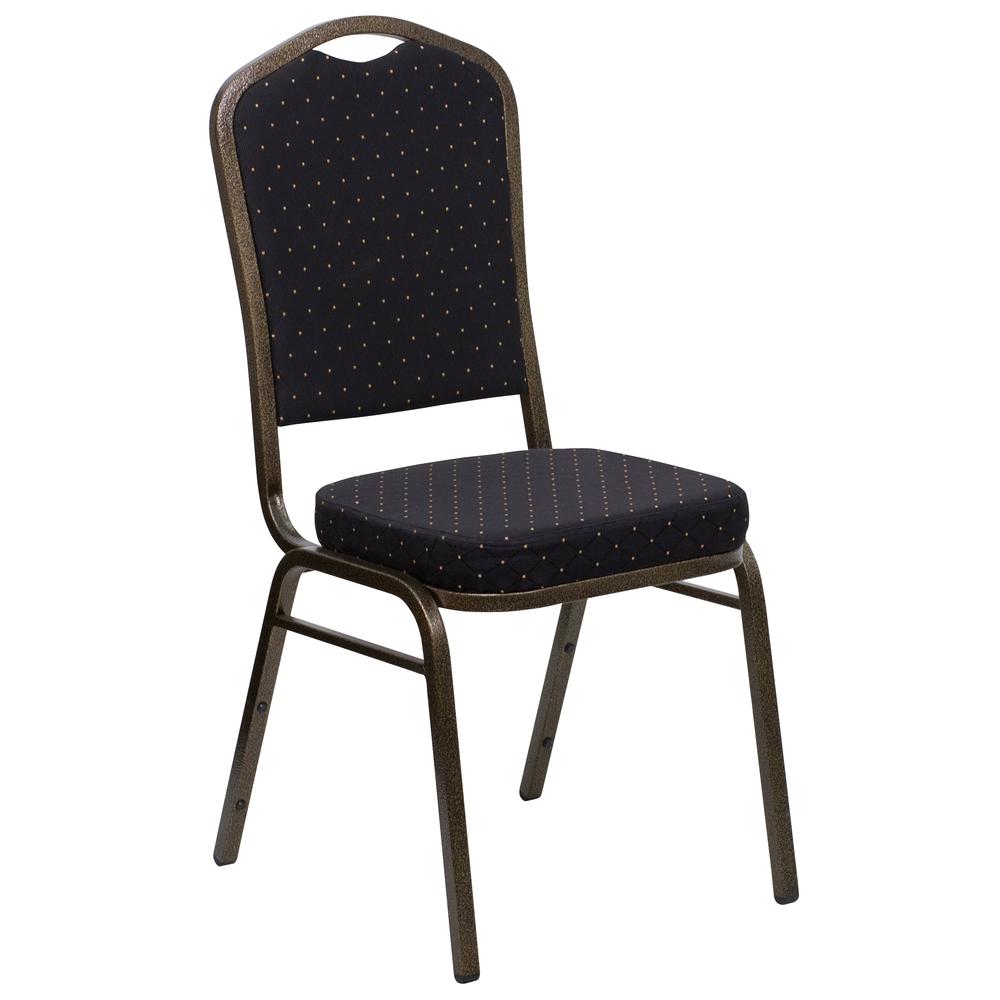 HERCULES Series Crown Back Stacking Banquet Chair in Black Patterned Fabric - Gold Vein Frame. Picture 1