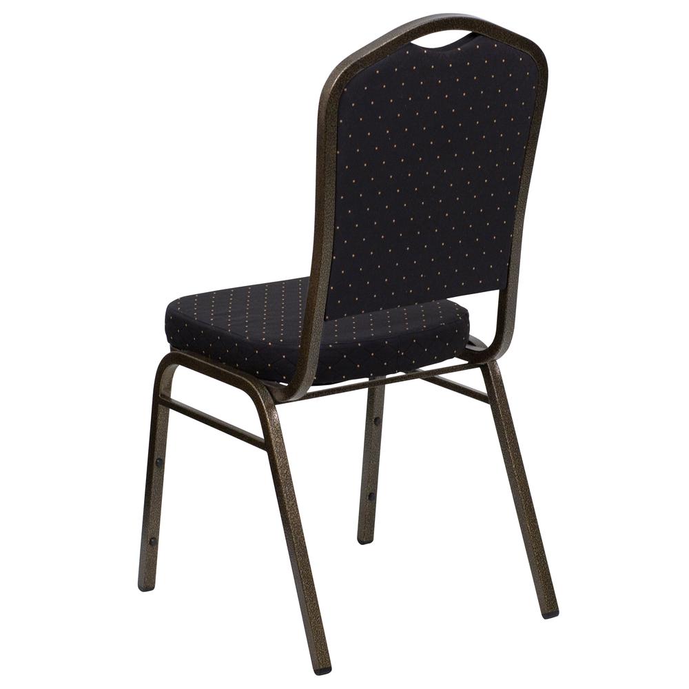 HERCULES Series Crown Back Stacking Banquet Chair in Black Patterned Fabric - Gold Vein Frame. Picture 3