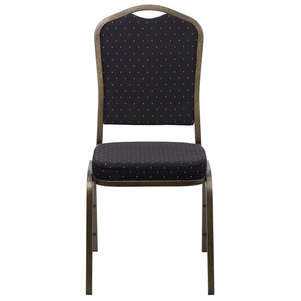 HERCULES Series Crown Back Stacking Banquet Chair in Black Patterned Fabric - Gold Vein Frame. Picture 4