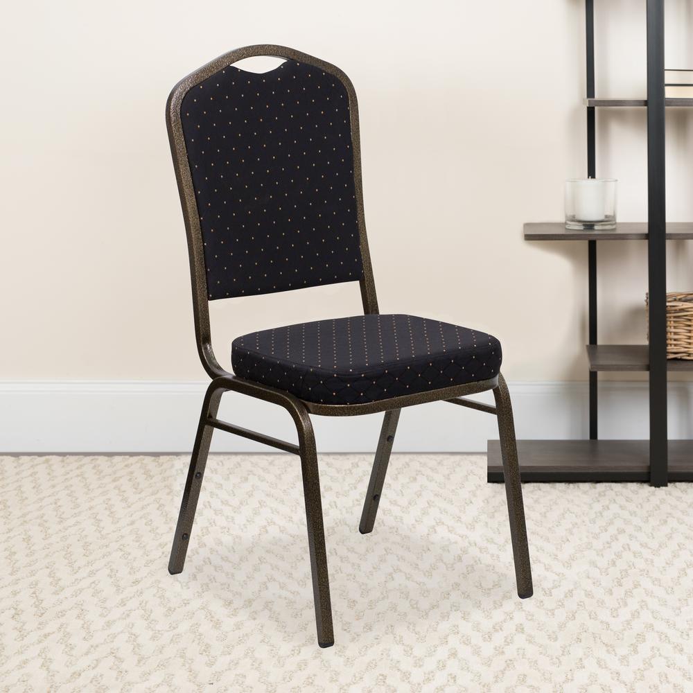 Crown Back Stacking Banquet Chair in Black Patterned Fabric - Gold Vein Frame. Picture 9