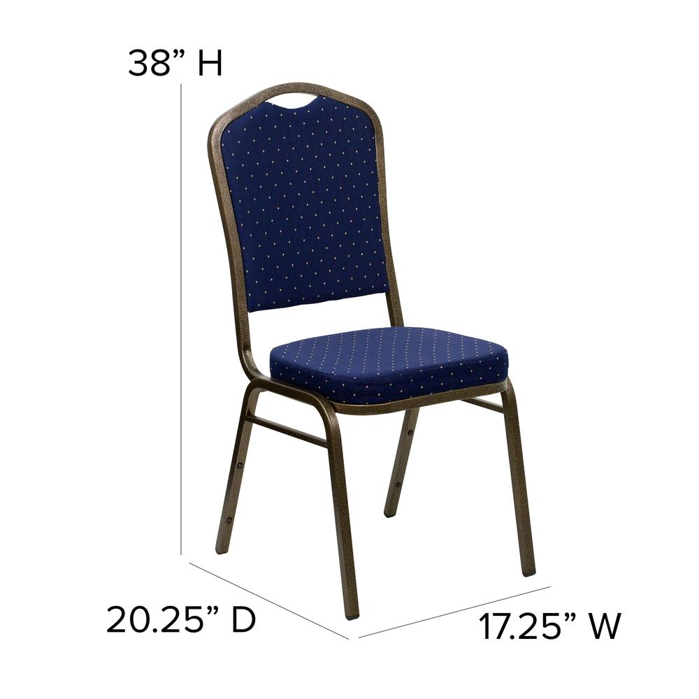 Crown Back Stacking Banquet Chair in Navy Blue Dot Patterned Fabric - Gold Vein Frame. Picture 2