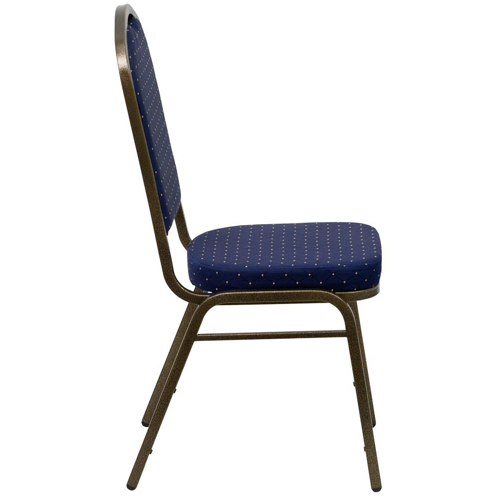 Crown Back Stacking Banquet Chair in Navy Blue Dot Patterned Fabric - Gold Vein Frame. Picture 3