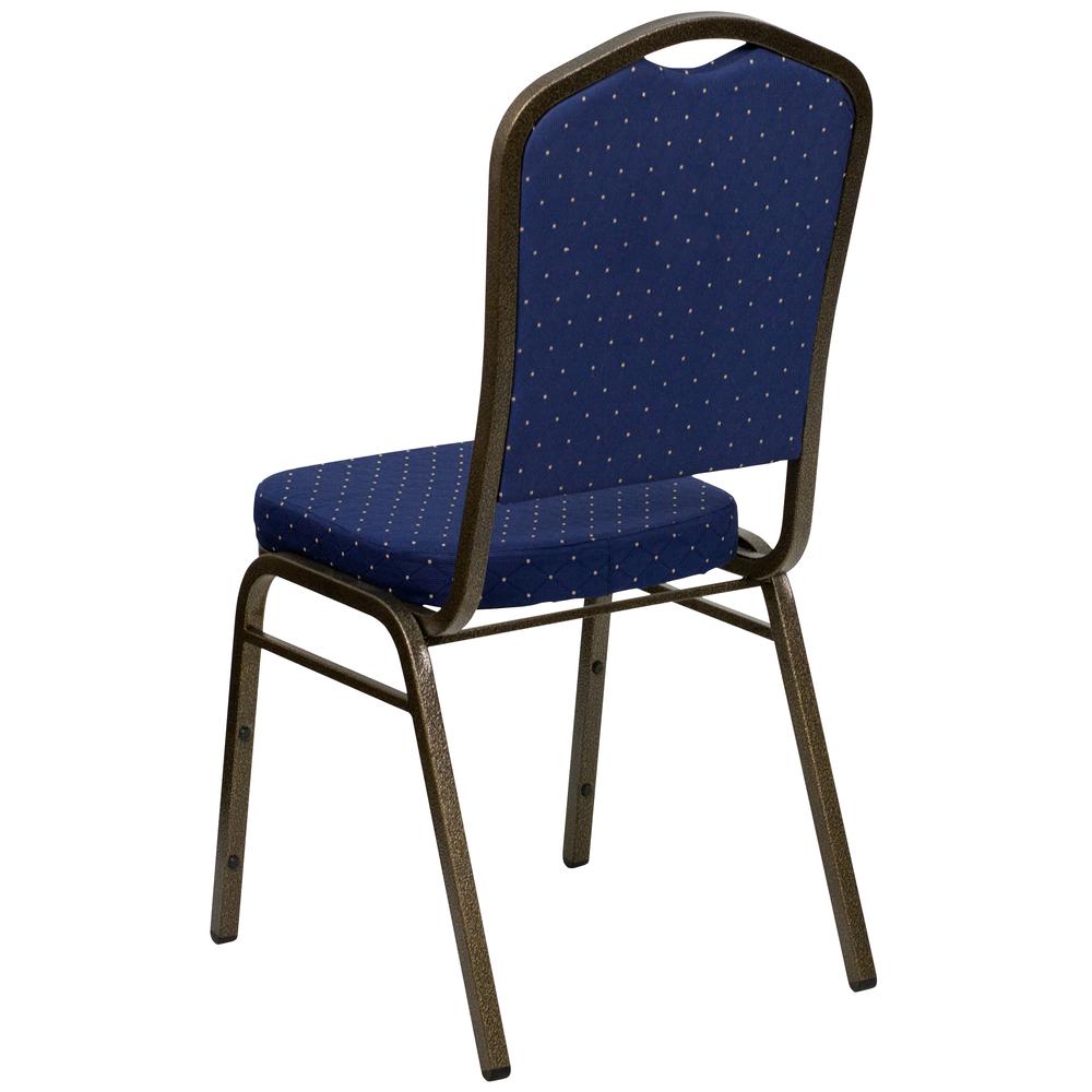 Crown Back Stacking Banquet Chair in Navy Blue Dot Patterned Fabric - Gold Vein Frame. Picture 4