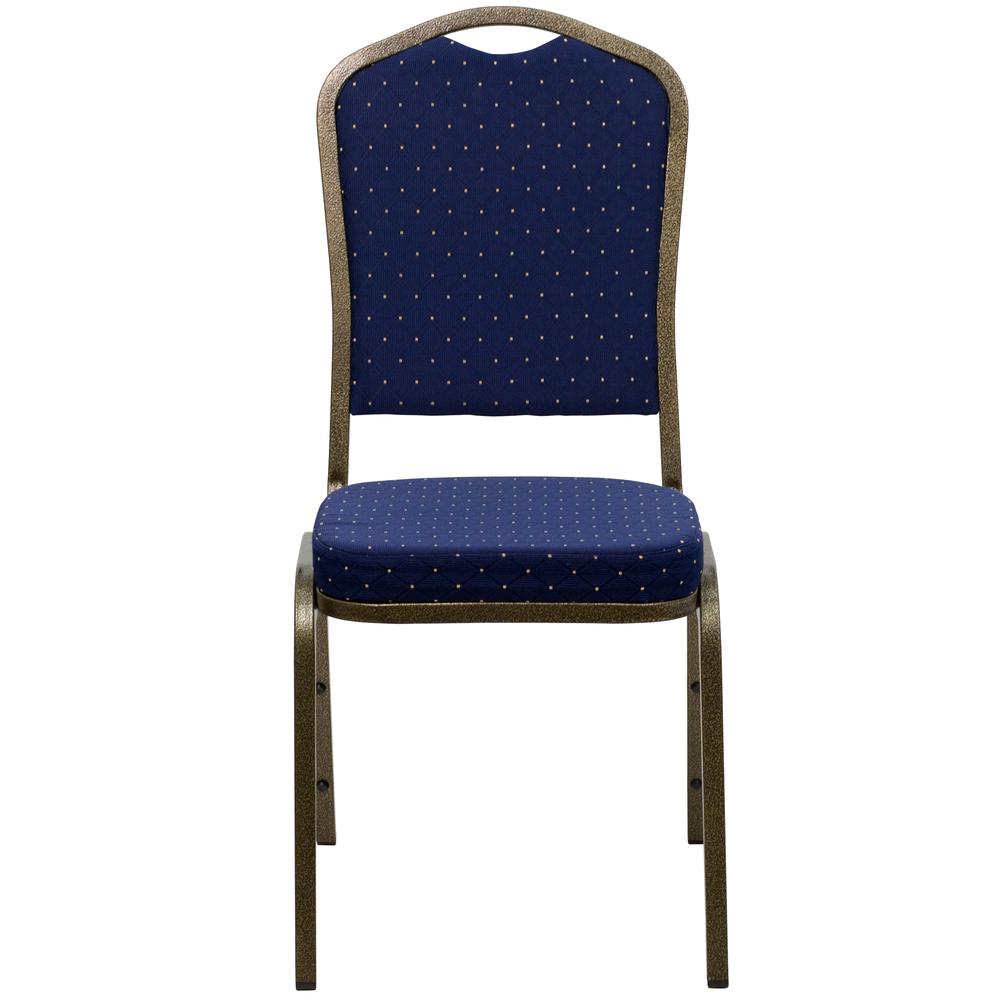 Crown Back Stacking Banquet Chair in Navy Blue Dot Patterned Fabric - Gold Vein Frame. Picture 5