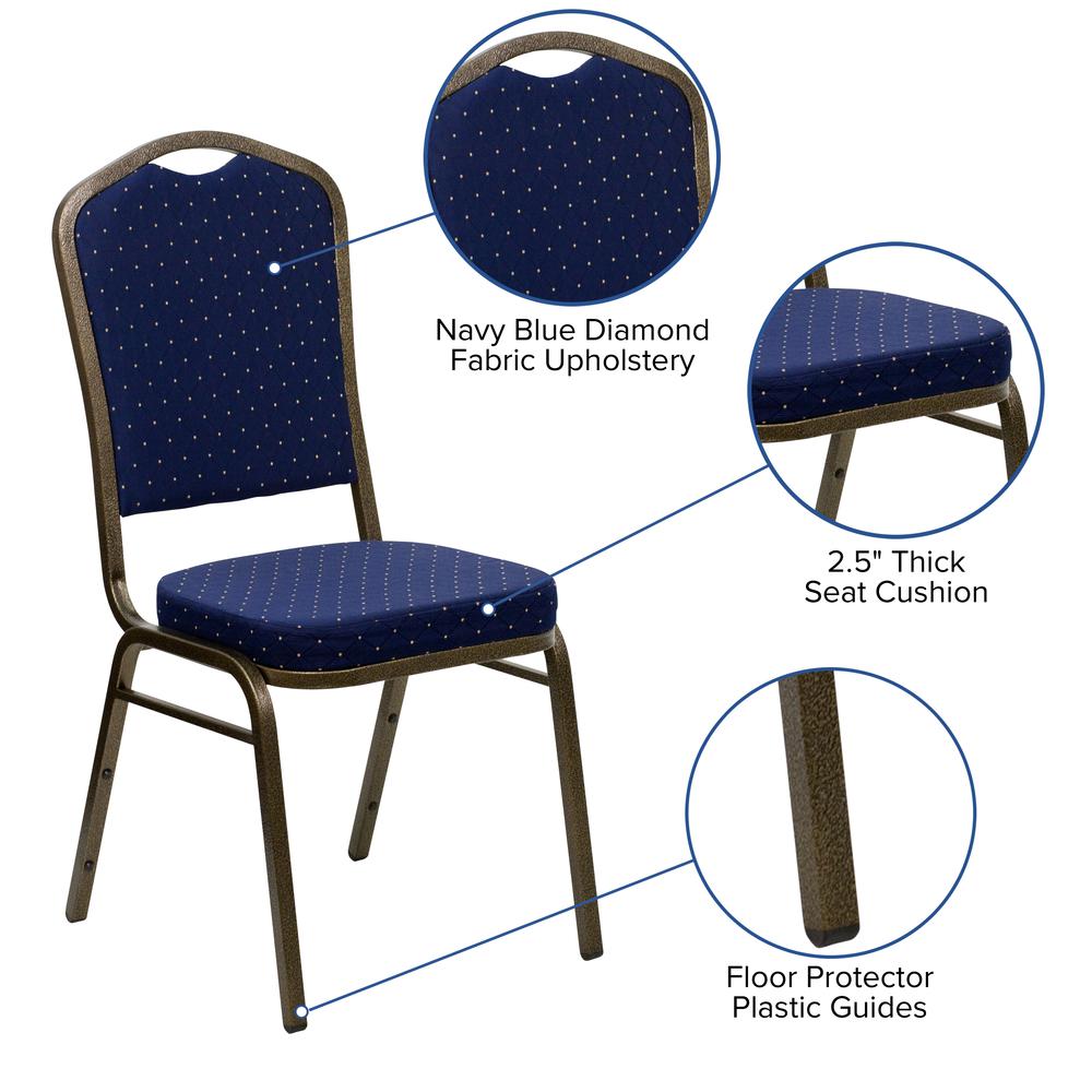 Crown Back Stacking Banquet Chair in Navy Blue Dot Patterned Fabric - Gold Vein Frame. Picture 6