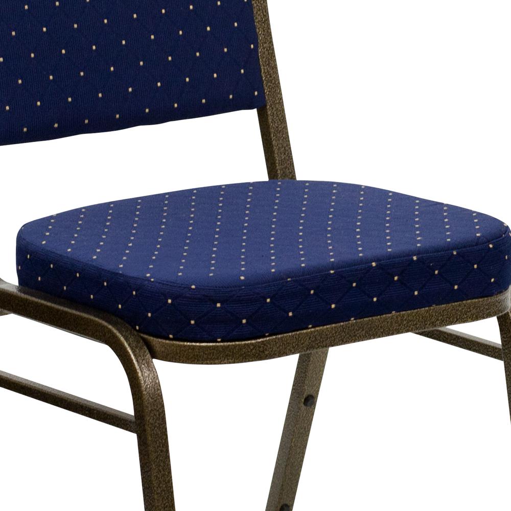 Crown Back Stacking Banquet Chair in Navy Blue Dot Patterned Fabric - Gold Vein Frame. Picture 7