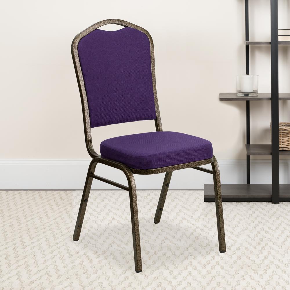 Crown Back Stacking Banquet Chair in Purple Fabric - Gold Vein Frame. Picture 9