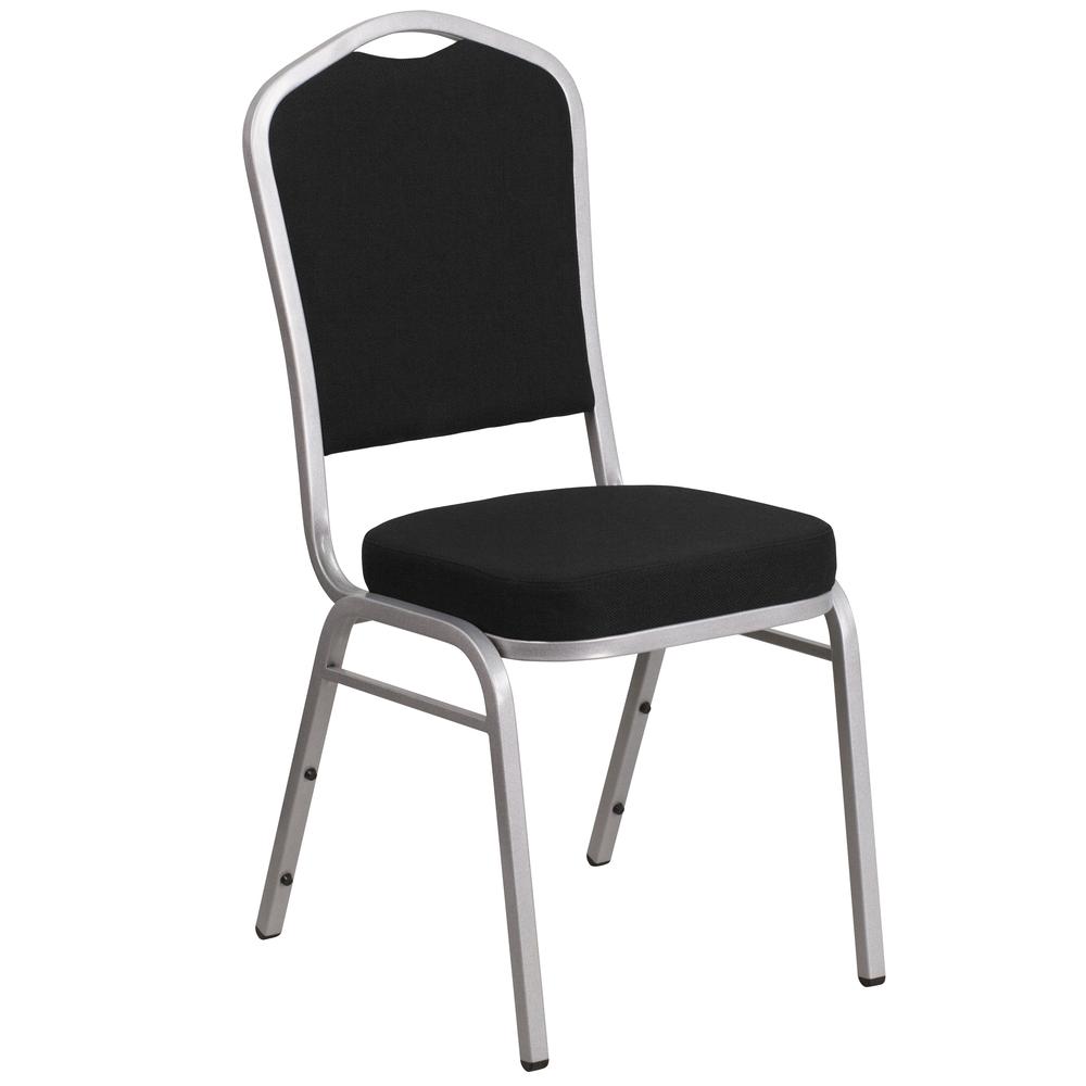Crown Back Stacking Banquet Chair in Black Fabric - Silver Frame. Picture 1