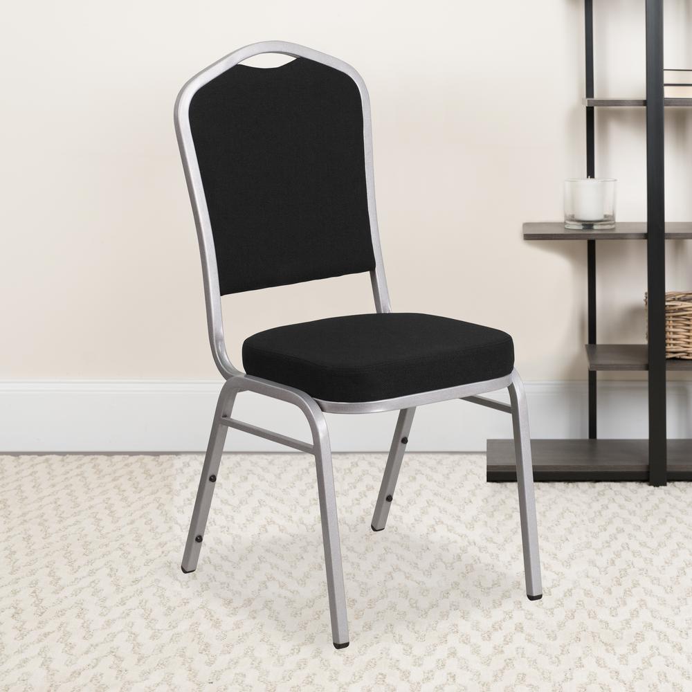 Crown Back Stacking Banquet Chair in Black Fabric - Silver Frame. Picture 9