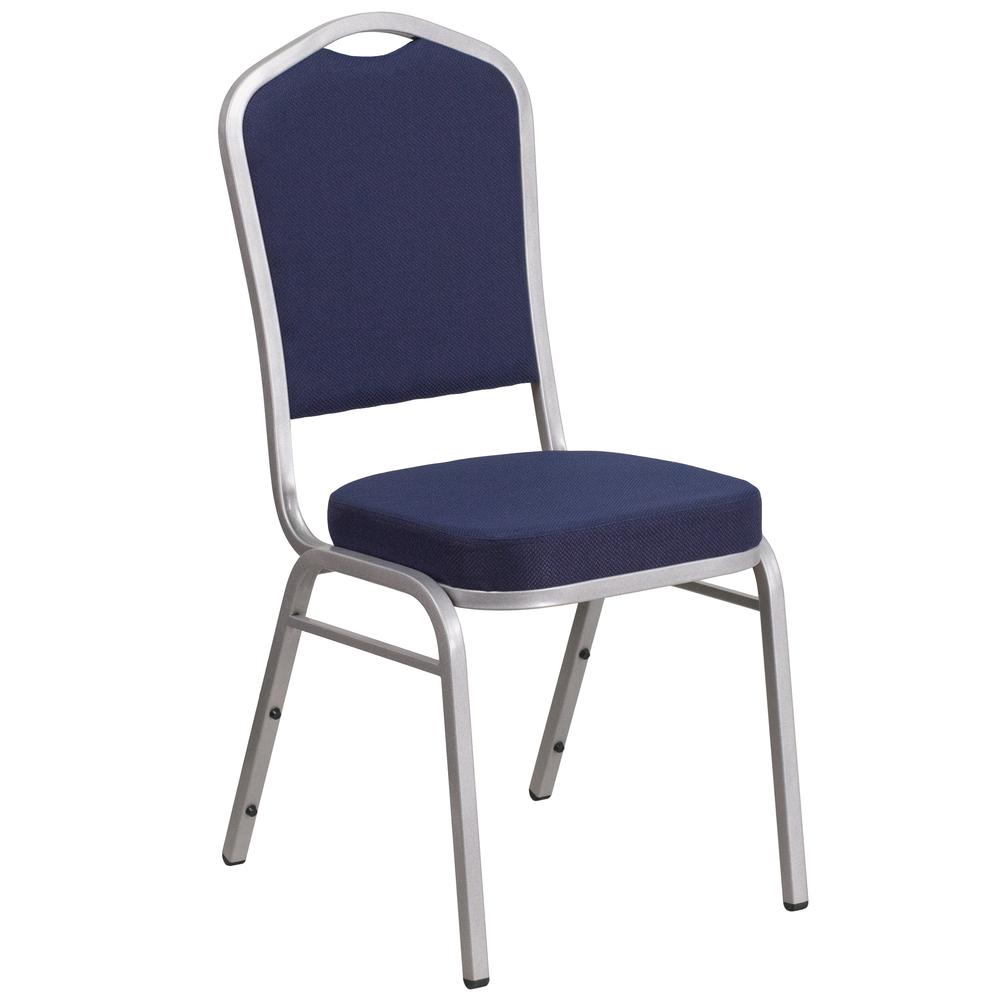 Crown Back Stacking Banquet Chair in Navy Fabric - Silver Frame. Picture 1