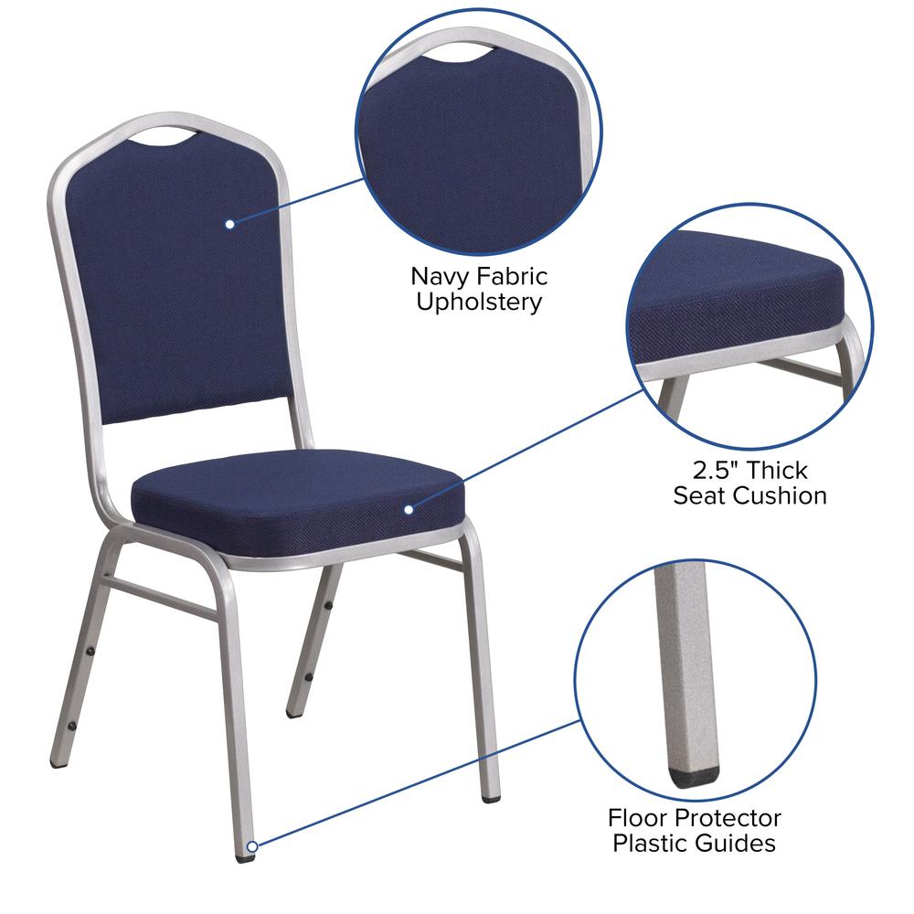Crown Back Stacking Banquet Chair in Navy Fabric - Silver Frame. Picture 6