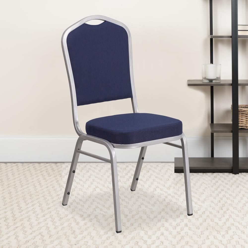 Crown Back Stacking Banquet Chair in Navy Fabric - Silver Frame. Picture 9