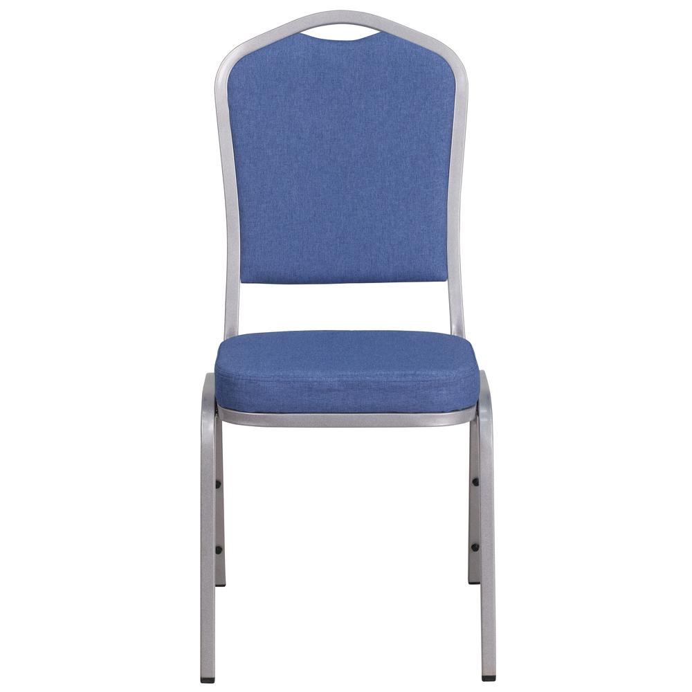 HERCULES Series Crown Back Stacking Banquet Chair in Blue Fabric - Silver Frame. Picture 4