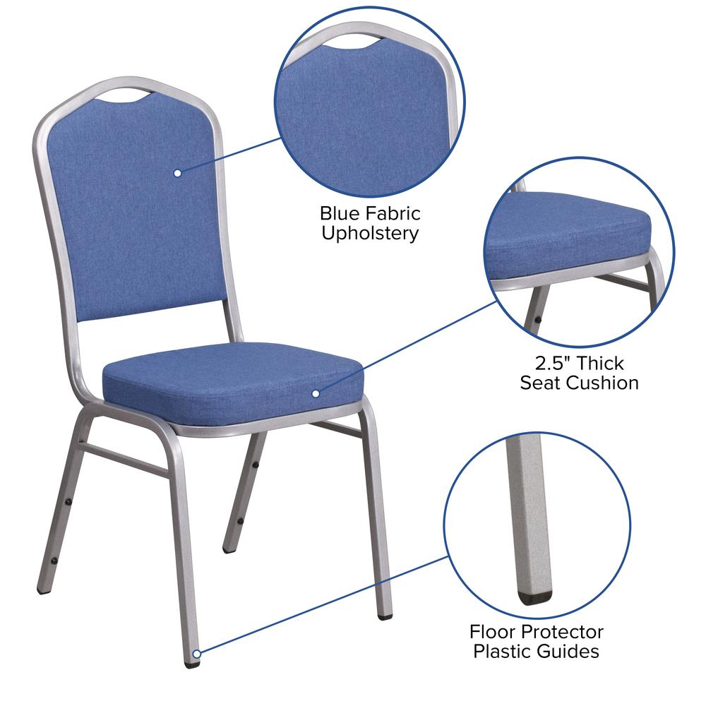 Crown Back Stacking Banquet Chair in Blue Fabric - Silver Frame. Picture 6