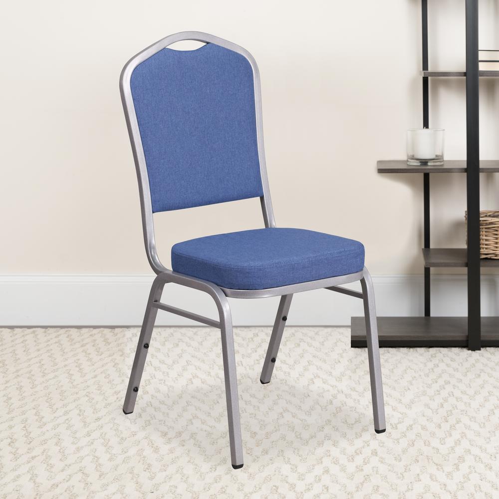 Crown Back Stacking Banquet Chair in Blue Fabric - Silver Frame. Picture 9