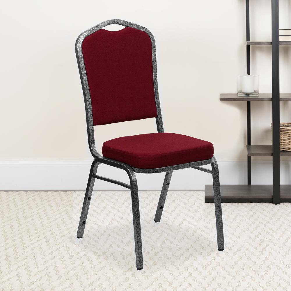 Crown Back Stacking Banquet Chair in Burgundy Fabric - Silver Vein Frame. Picture 9