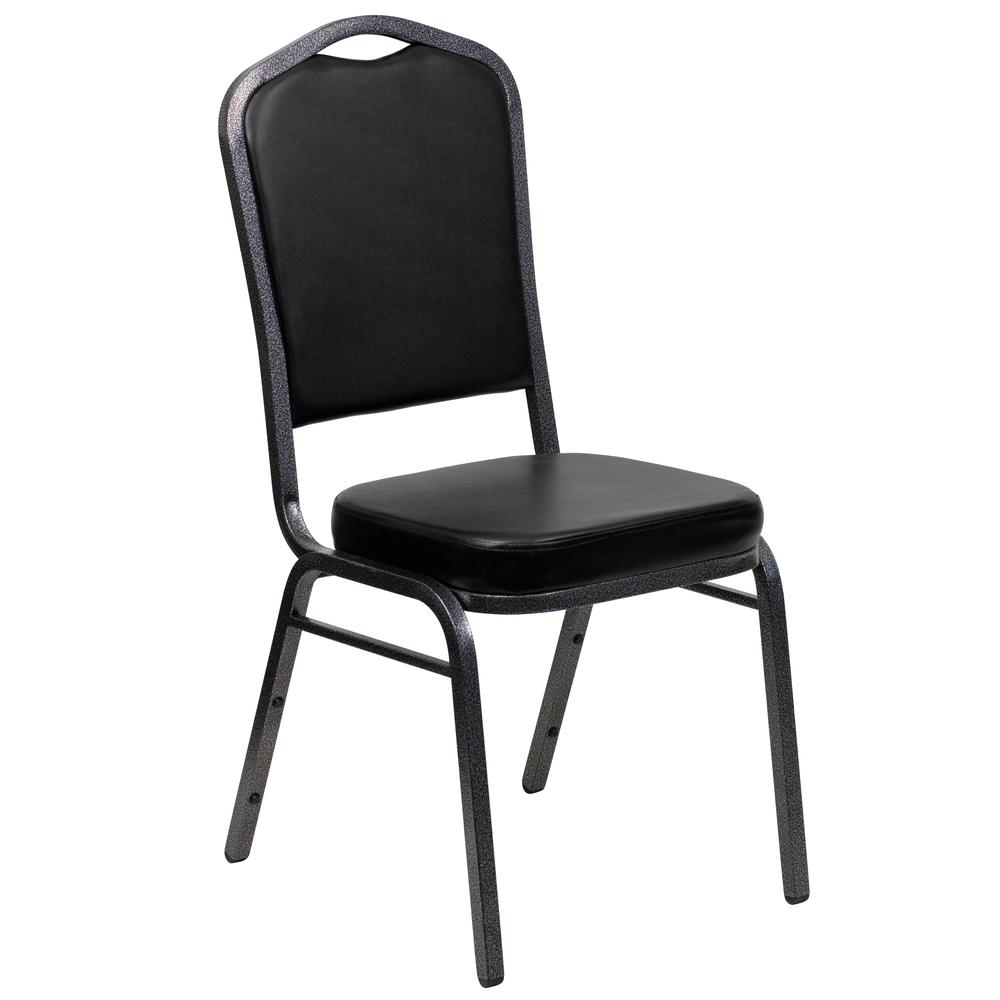 Crown Back Stacking Banquet Chair in Black Vinyl - Silver Vein Frame. Picture 1