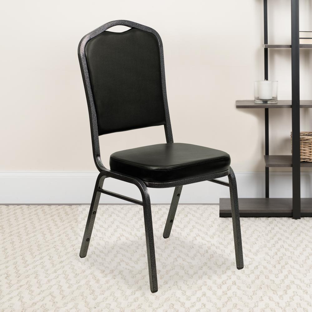 Crown Back Stacking Banquet Chair in Black Vinyl - Silver Vein Frame. Picture 9