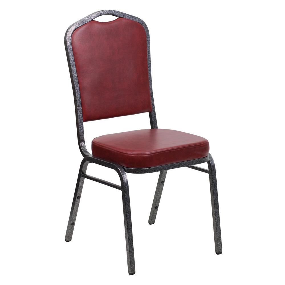 Crown Back Stacking Banquet Chair in Burgundy Vinyl - Silver Vein Frame. Picture 1