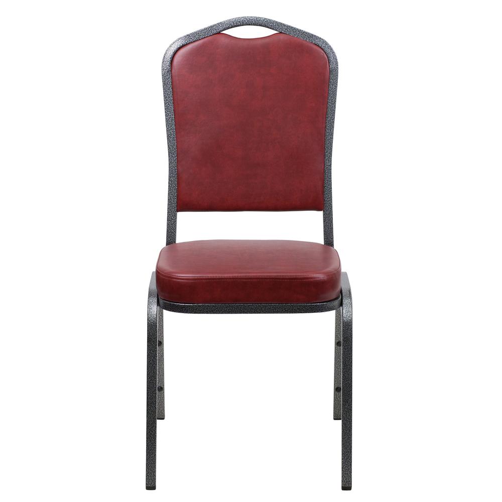 Crown Back Stacking Banquet Chair in Burgundy Vinyl - Silver Vein Frame. Picture 5
