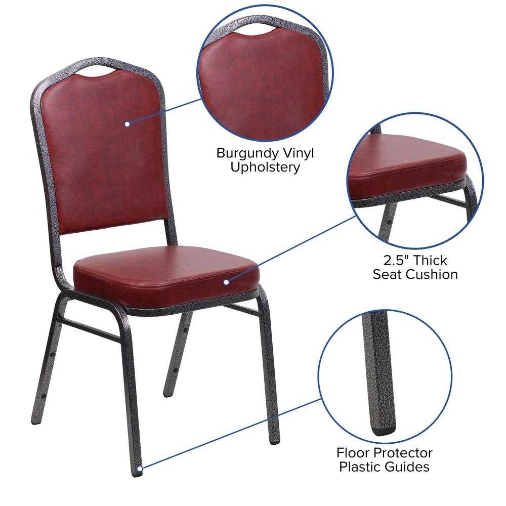 Crown Back Stacking Banquet Chair in Burgundy Vinyl - Silver Vein Frame. Picture 6