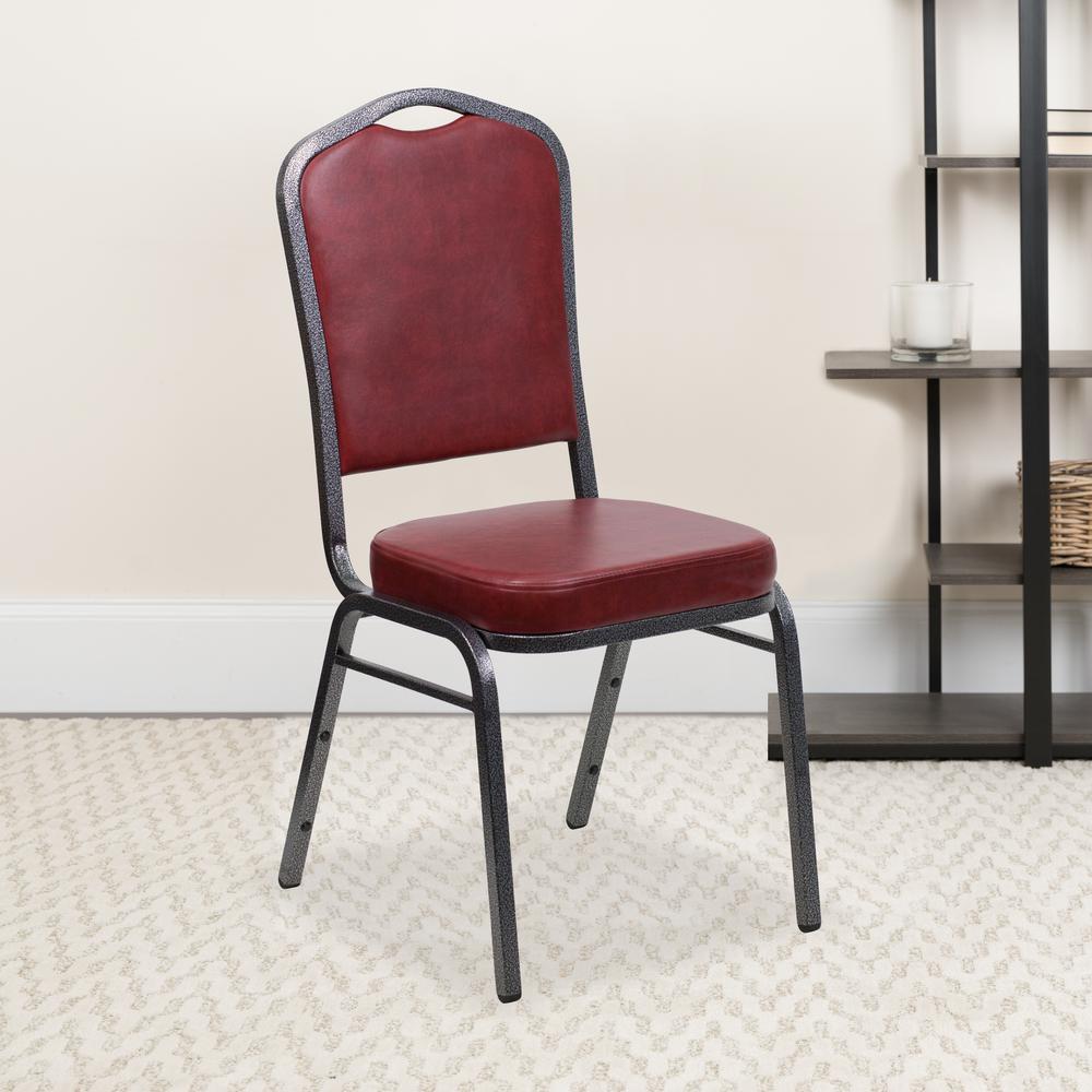 Crown Back Stacking Banquet Chair in Burgundy Vinyl - Silver Vein Frame. Picture 9