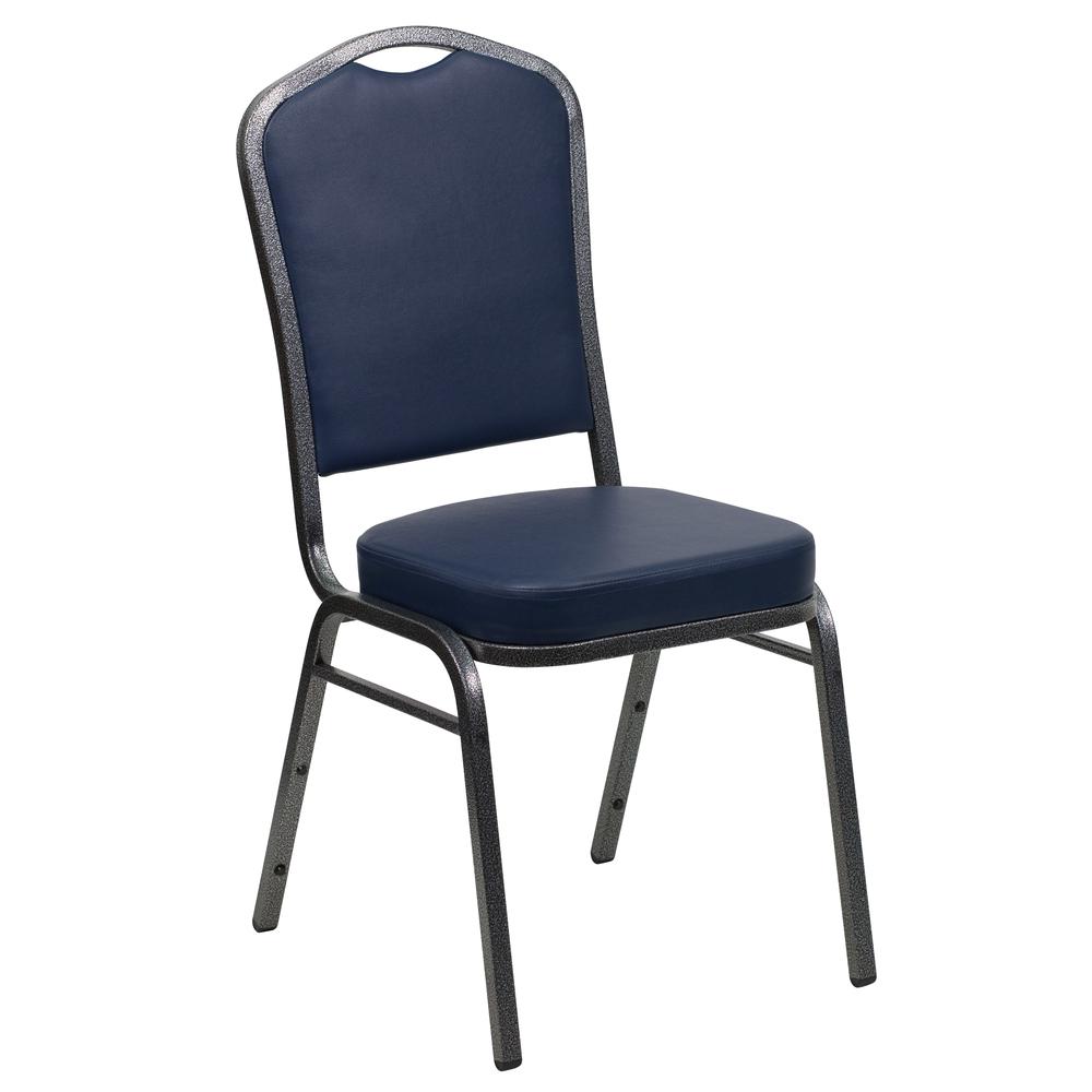 LOT 40 CROWN BACK STACKING BANQUET CHAIRS W/ NAVY BLUE VINYL & SILVER VEIN FRAME 